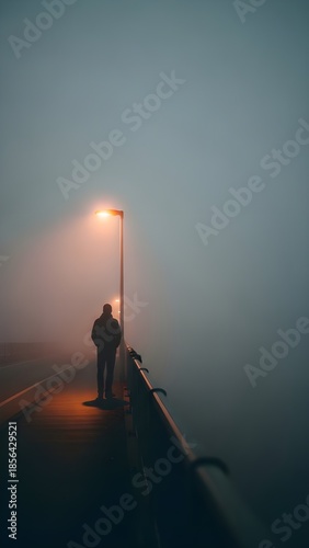 A solitary silhouette of a man stands under the warm glow of a streetlamp on a bridge shrouded in dense, moody fog.