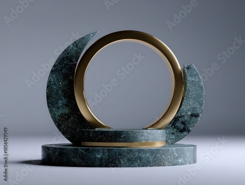 Abstract golden ring on stone podium against a soft gray background for display