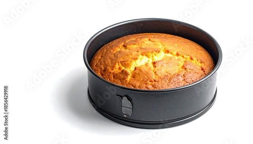 Delicious homemade cake in a baking pan isolated on white background