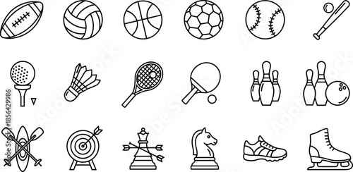 Sports and recreation icons set including soccer, basketball, tennis, bowling, golf, baseball, archery, chess, skating and fitness equipment. (18 words)