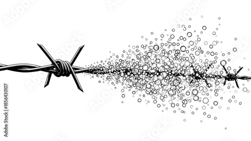 Barbed wire dissolving into abstract particles, symbolizing freedom and breaking barriers.