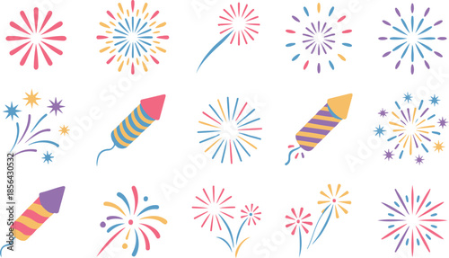 Colorful Firework Icons and Rocket Burst Set Isolated on White Background