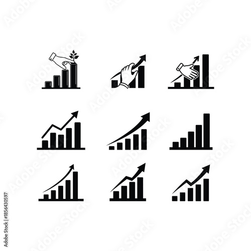 Business growth chart vector set, financial success bar graph icons, rising arrow profit symbols, corporate data icons