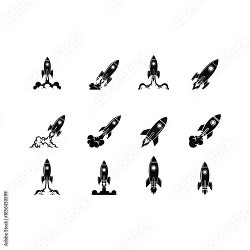 Rocket launch vector set, spaceship startup icons, spacecraft silhouettes, project mission and exploration clip art.