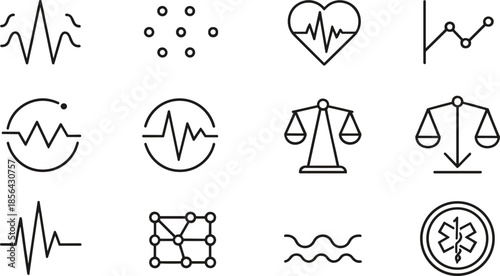 Minimalist black line icon set featuring medical pulse waves, molecular structures, heart health, and legal scales of justice.