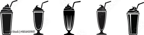 A collection of five stylized drink illustrations, featuring various shapes and sizes of glasses with straws and toppings.