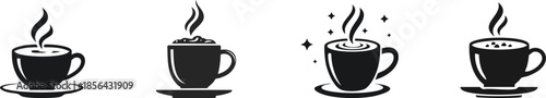 A collection of minimalist coffee cup icons with steam, representing different styles and flavors of coffee.