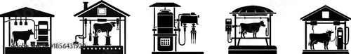 A series of illustrations depicting various milking setups for cows, showcasing different structures and equipment used in dairy farming.