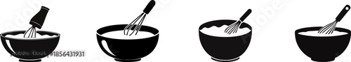 Four black silhouette bowls with whisks show the process of mixing ingredients, illustrating stages of preparation in cooking or baking.