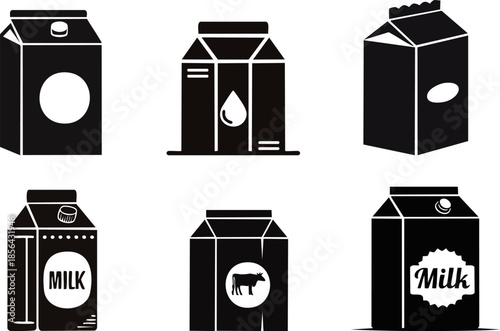 A collection of black and white milk carton illustrations showcasing various designs and shapes.