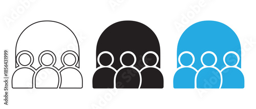Group Icon Set. Outline, Black, and Blue Variations Representing People.