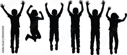 Diverse collection of professional business people, casual groups, hand-drawn fashion sketches, and happy jumping children silhouettes isolated on white background.