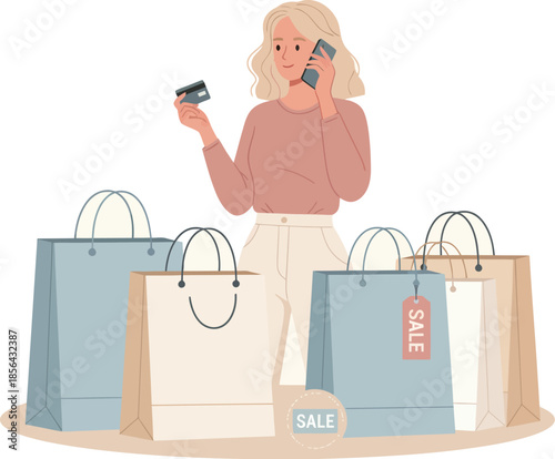 Shopping Spree: A woman holding her credit card while on the phone surrounded by shopping bags. Capturing the joy of retail therapy and bargain hunting.
