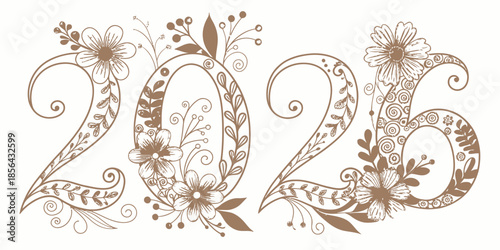 Elegant 2026 numbers with floral decorative elements, clean flat vector style, soft colors, graceful layout, minimal festive New Year background