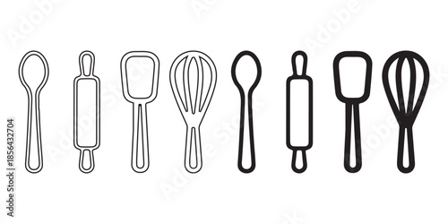 Collection of baking utensils, spoons, rolling pins, spatulas, and whisks.