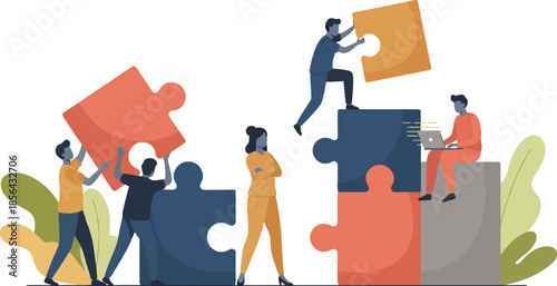 Collaborative Assembly: An illustration capturing a team meticulously assembling a giant puzzle, symbolizing the collective effort and interconnectedness vital to achieving a shared objective.