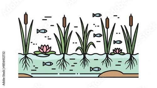 An ecosystem with cattails, fish, and lotus flowers in water with a natural background, representing a serene aquatic environment with lush vegetation and aquatic life