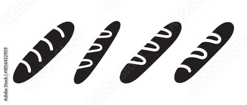 Black baguette bread loaves with white stripe pattern on white background.