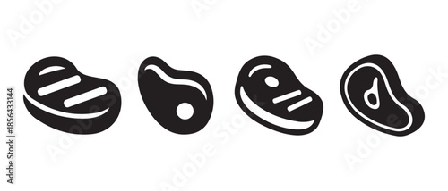 Black Silhouette Steak Icons on White Background, Different Styles.