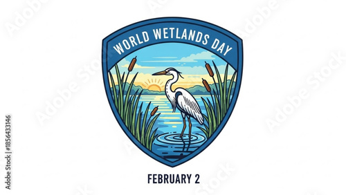 World wetlands day february 2 heron standing in water with cattails and sunset background in shield shape logo