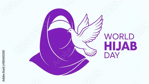World hijab day purple logo with white dove symbolizing peace and unity on white background