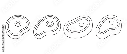 Line art illustration of four different cuts of steak icons on a white background.
