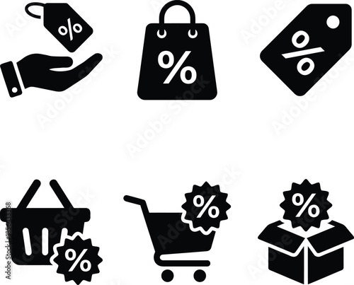 A collection of discount and shopping icons representing sale events and online shopping promotions