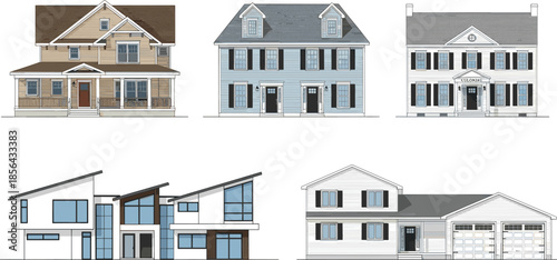 Residential house architecture illustration set, traditional and modern home exteriors, suburban housing styles, detailed building facade vector