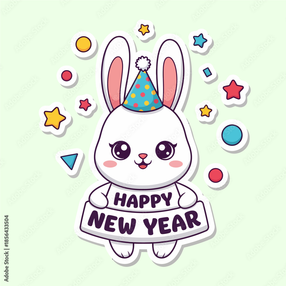 Fototapeta premium A cartoon rabbit wearing a party hat and holding a Happy New Year sign surrounded by colorful stars and shapes