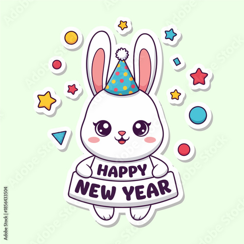 A cartoon rabbit wearing a party hat and holding a Happy New Year sign surrounded by colorful stars and shapes