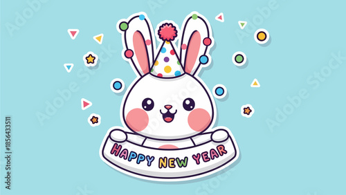 A cartoon rabbit celebrating the new year with a party hat surrounded by colorful confetti on a light blue background