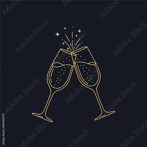 Celebratory champagne glasses clinking with sparkling wine and fireworks in a luxurious illustration