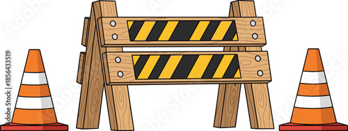 Road construction barrier illustration with traffic cones, warning safety equipment, under construction sign, cartoon wooden barricade graphic