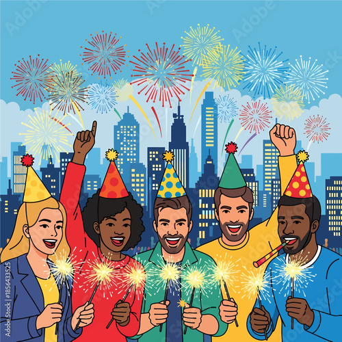 Group of diverse people celebrating New Year's Eve in the city with fireworks