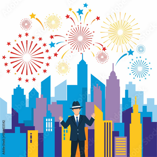 Man in suit standing triumphantly in front of a cityscape with fireworks exploding above
