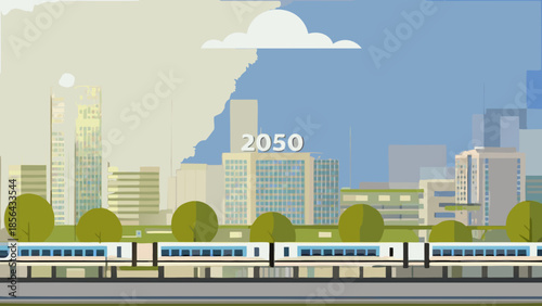 Futuristic city landscape with modern buildings trains and the year 2050 displayed