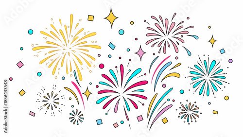 Vibrant fireworks explode in the night sky, surrounded by colorful decorations and sparkling stars, viewed from a celebratory perspective.