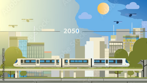 A futuristic cityscape with a high speed train and birds in the sky