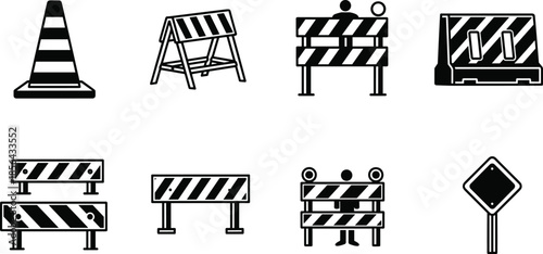 Road construction barriers and traffic safety icons set, cones barricades warning signs, black white flat vector illustration