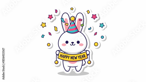A cartoon rabbit wearing a party hat and holding a banner that reads Happy New Year surrounded by colorful stars and confetti