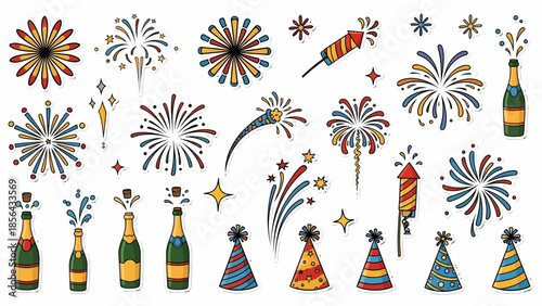 Vibrant Celebration with Fireworks and Champagne Bottles on a White Background