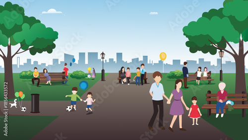 A vibrant park scene with people enjoying a sunny day outdoors