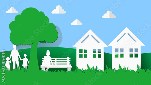 A peaceful scene of a family houses and nature under a blue sky