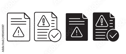 A set of four document error and validation icons with warning signs and check marks.