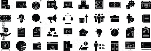 Finance and Business Solid Icon Set – Strategy, Management, Accounting, Marketing, Growth, Investment, and Office Workflow Symbols