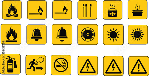 Safety warning icon set, fire hazard electricity caution symbols, emergency signs collection, industrial risk alerts, yellow signage illustration