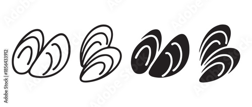 Simple vector icon set of mussels or clams in both line art and solid fill styles.
