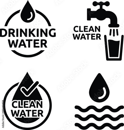A collection of black and white icons for clean and drinking water quality