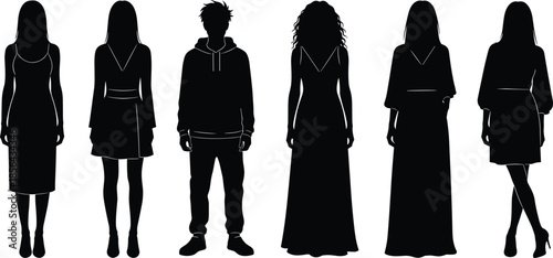 Diverse group of casual men and women silhouettes standing in a row wearing everyday clothing isolated on white background, for