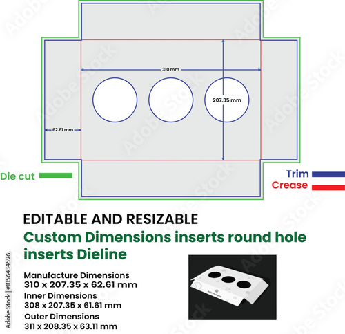 Packaging Dieline Template With Round Holes And Dimensions For Custom Inserts die cut die line